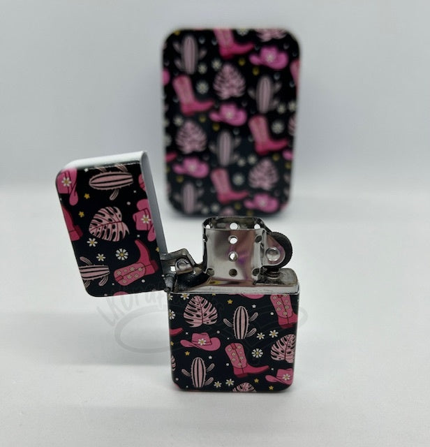Metal Refillable Lighter – Ships Empty: Pink/Black Cowgirl
