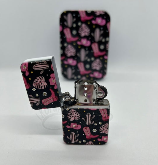 Metal Refillable Lighter – Ships Empty: Pink/Black Cowgirl