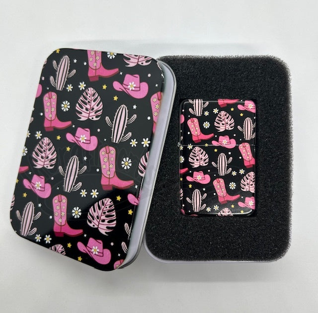 Metal Refillable Lighter – Ships Empty: Pink/Black Cowgirl