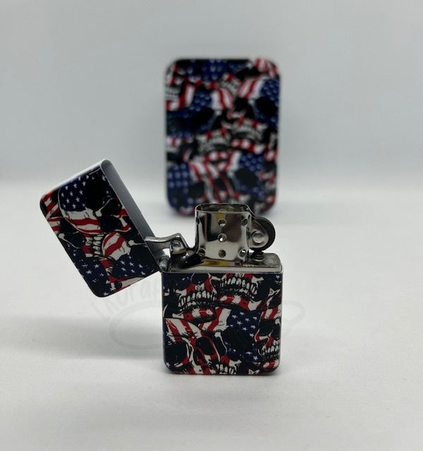 Metal Refillable Lighter – Ships Empty: Red,White,Blue skulls
