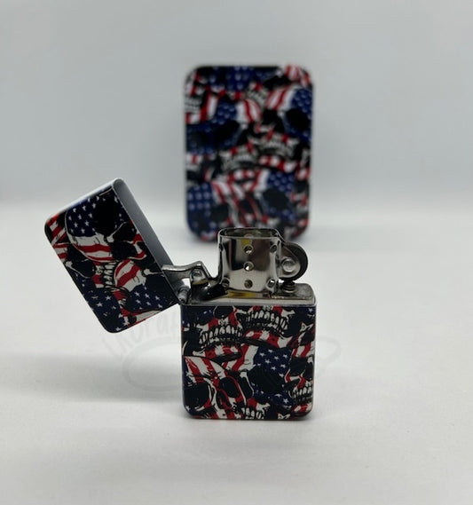 Metal Refillable Lighter – Ships Empty: Red,White,Blue skulls