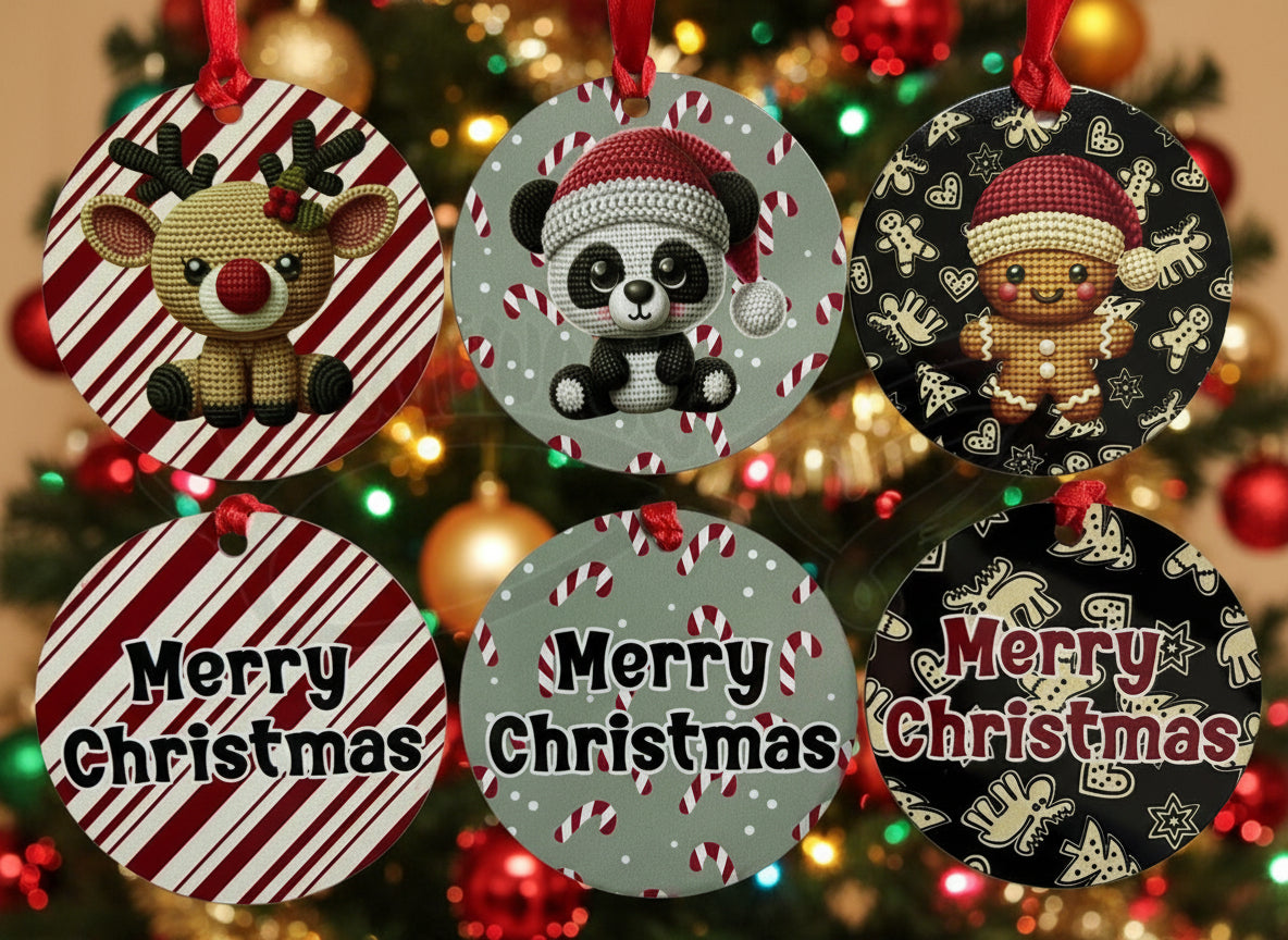 Set of five Christmas-themed ornaments with cartoon characters and 'Merry Christmas' text on a white background.
