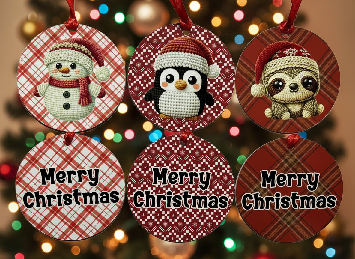 Set of six Christmas-themed ornaments with snowman, penguin, and sloth designs on a red and white checkered background.