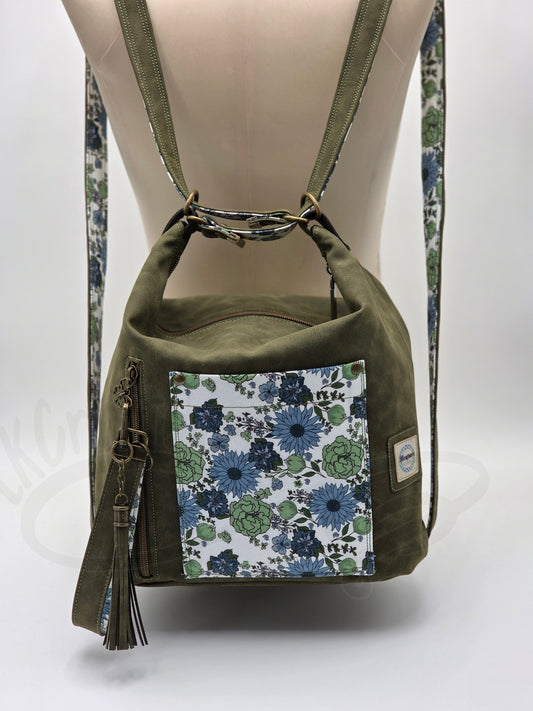 Krystal Convertible Shoulder bag/backpack - Olive green and blue daisy