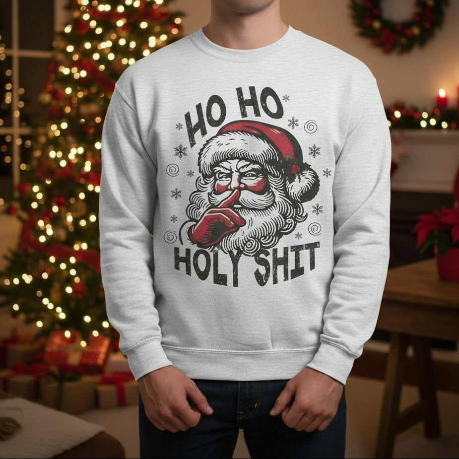 White sweatshirt with Santa Claus graphic and text on a white background
